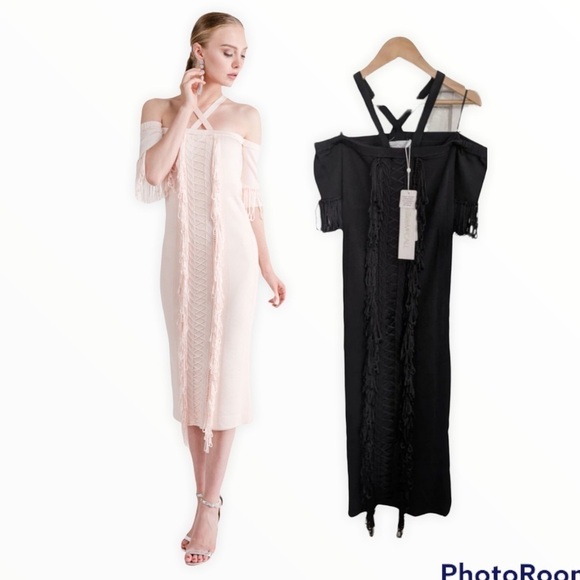 NWT ALICE MCCALL Black Fringe Cold Shoulder Sovereign Midi Dress Size 0 - Picture 5 of 13